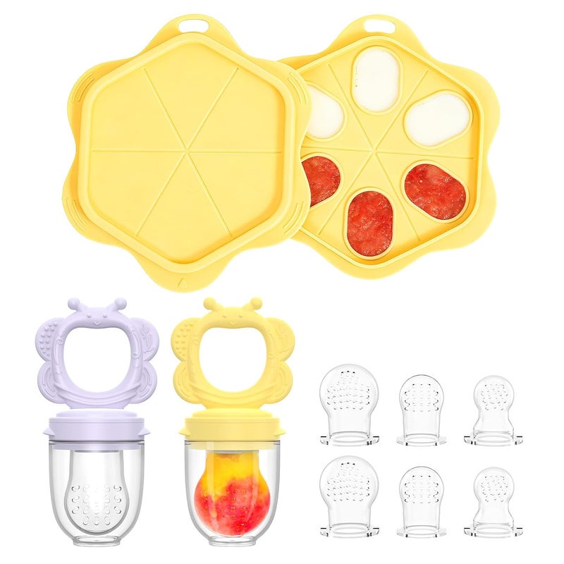 melican Silicone Baby Fruit Food Feeder (2 Pack) with Freezer Nibble Tray, Breastmilk Popsicle Molds for Baby Teething Relief, Feeder for Safe Infant Self Feeding, BPA Free, Dishwasher Safe (Yellow) - Image 1